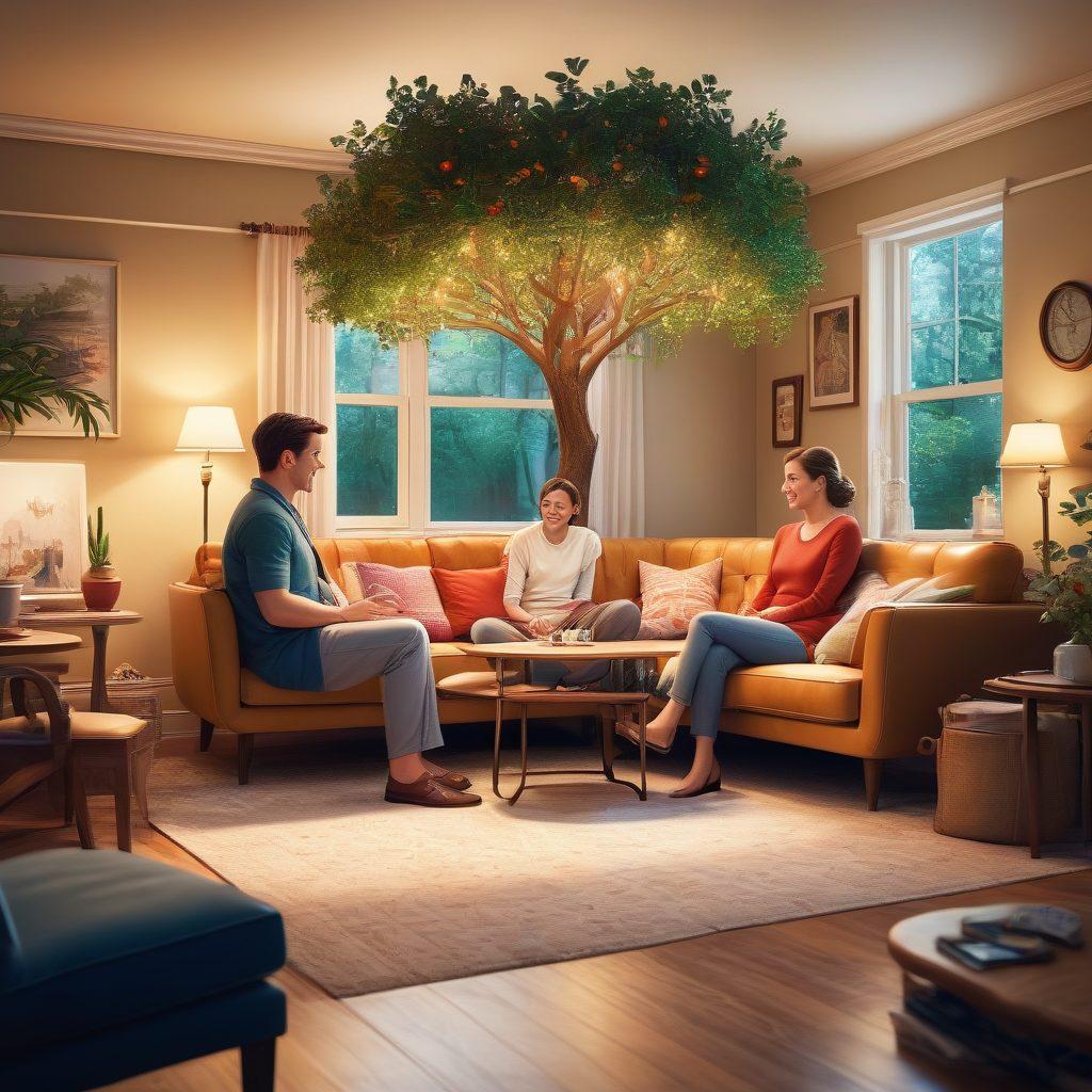 A family gathered in a cozy living room, radiating warmth and connection, with elements representing life (a tree symbolizing growth), health (a stethoscope and heart symbol), and auto insurance (a vintage car in the background). The atmosphere conveys safety and assurance, with soft lighting and thoughtful expressions on their faces, emphasizing love and protection. super-realistic. vibrant colors. warm tones.