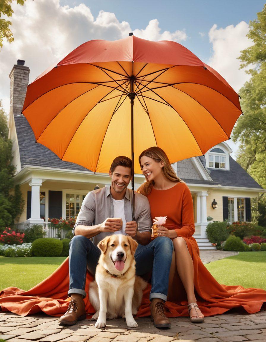 A serene scene depicting a family gathered under a protective umbrella that symbolizes insurance, surrounded by icons of love like hearts, homes, and pets. In the background, a peaceful landscape conveys emotional security with soft, warm colors. The family members exhibit expressions of joy and reassurance, emphasizing the theme of protection and care. super-realistic. vibrant colors. warm tones.