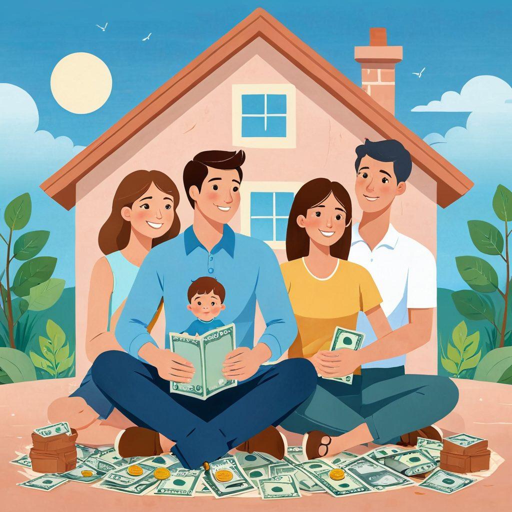 A serene scene depicting a family sitting together, with a protective shield made of financial symbols like coins, insurance documents, and banknotes surrounding them. The family's expressions reflect peace and happiness, symbolizing emotional security. In the background, a cozy home and a clear blue sky enhance the sense of safety and stability. soft pastel colors. vector art.